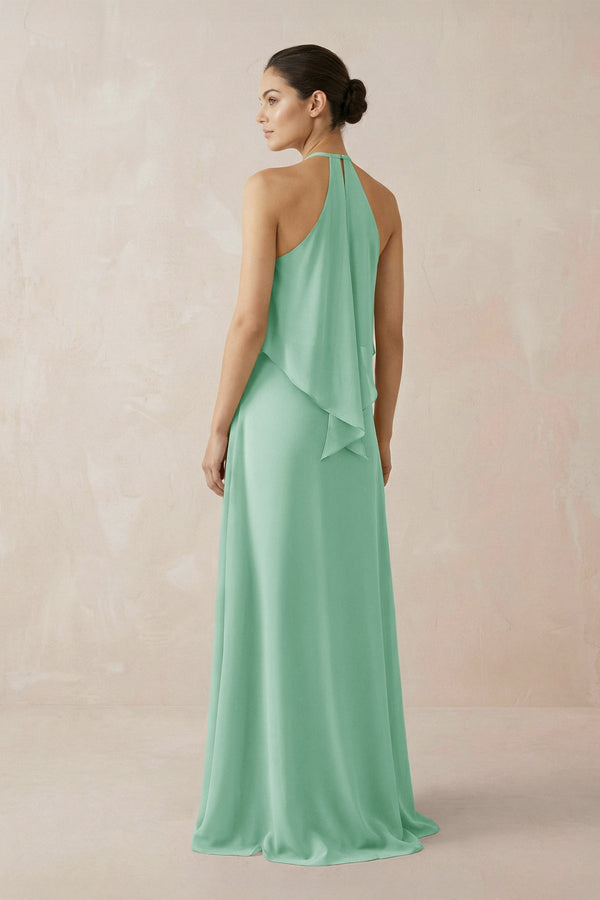 Halter Sheath Ruffled Chiffon Bridesmaid Dress in Pale Pistachio - KissProm Bridesmaid Dresses