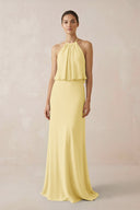 Halter Sheath Ruffled Chiffon Bridesmaid Dress in Pastel Yellow - KissProm Bridesmaid Dresses