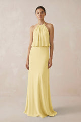 Halter Sheath Ruffled Chiffon Bridesmaid Dress in Pastel Yellow - KissProm Bridesmaid Dresses