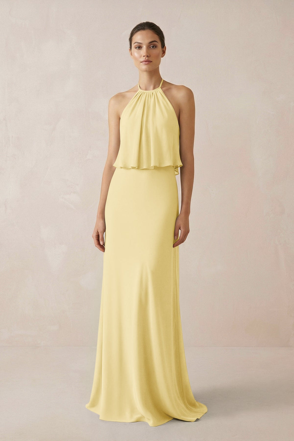 Halter Sheath Ruffled Chiffon Bridesmaid Dress in Pastel Yellow - KissProm Bridesmaid Dresses