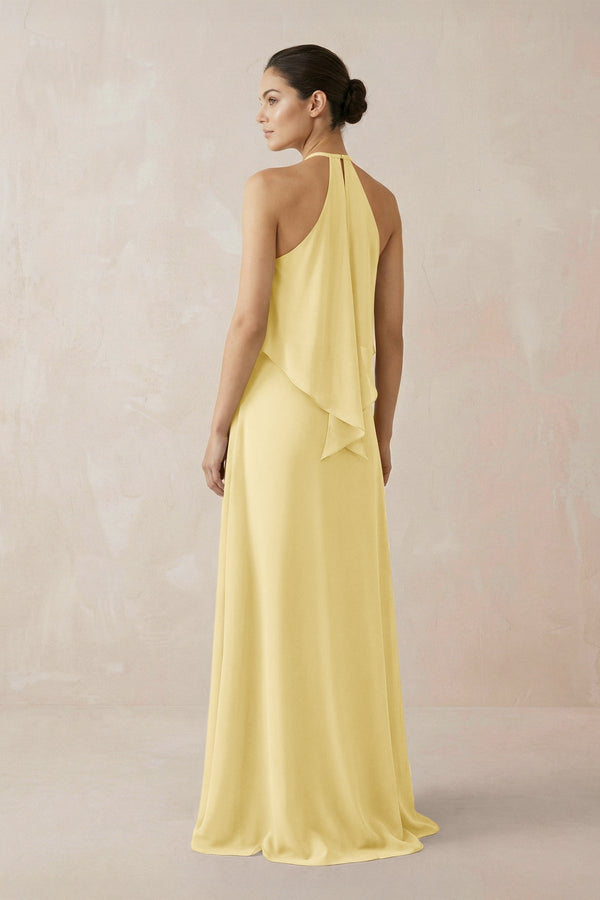 Halter Sheath Ruffled Chiffon Bridesmaid Dress in Pastel Yellow - KissProm Bridesmaid Dresses