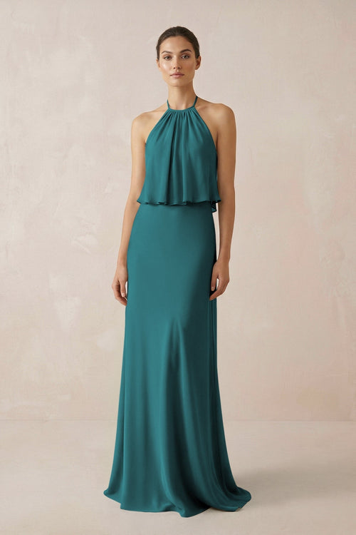 Halter Sheath Ruffled Chiffon Bridesmaid Dress in Pine - KissProm Bridesmaid Dresses