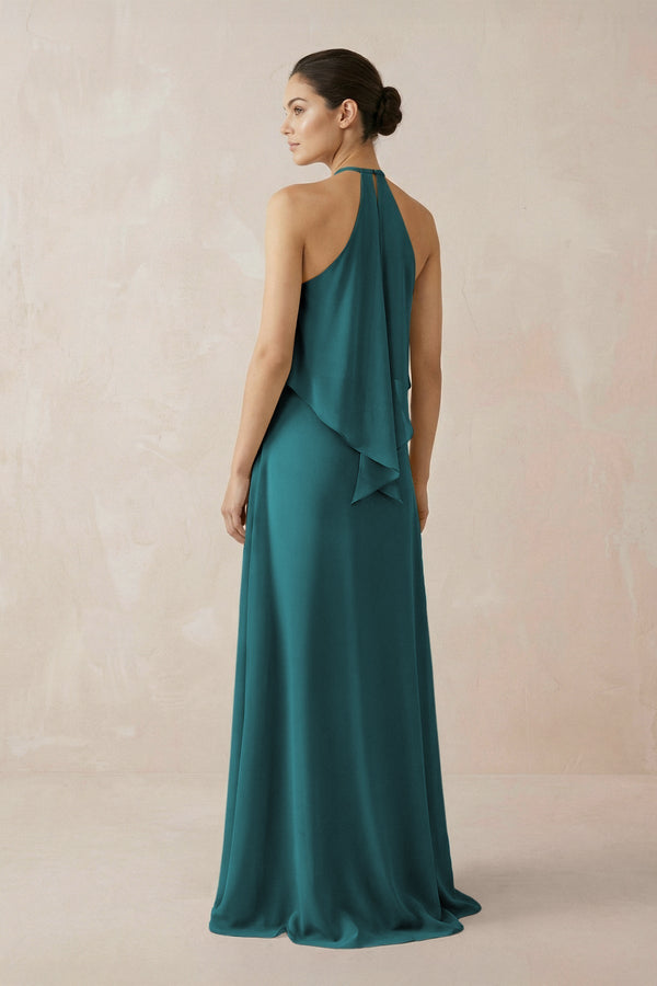 Halter Sheath Ruffled Chiffon Bridesmaid Dress in Pine - KissProm Bridesmaid Dresses