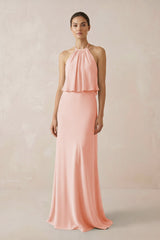 Halter Sheath Ruffled Chiffon Bridesmaid Dress in Rose Petal - KissProm Bridesmaid Dresses