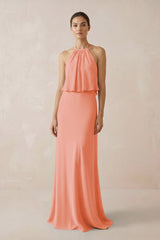Halter Sheath Ruffled Chiffon Bridesmaid Dress in Rosette - KissProm Bridesmaid Dresses