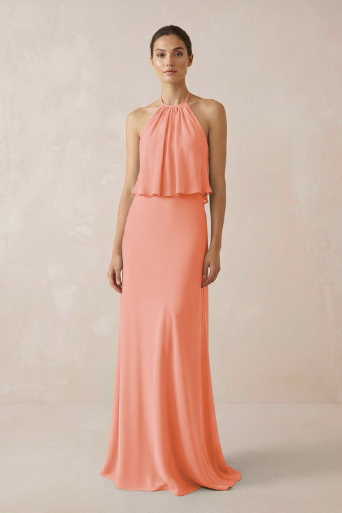 Halter Sheath Ruffled Chiffon Bridesmaid Dress in Rosette - KissProm Bridesmaid Dresses