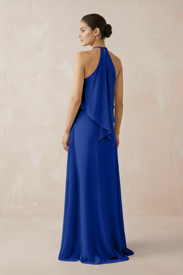Halter Sheath Ruffled Chiffon Bridesmaid Dress in Royal Blue - KissProm Bridesmaid Dresses