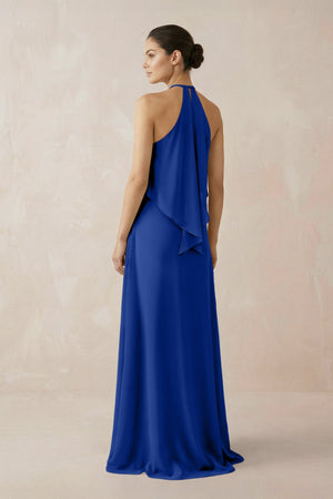 Halter Sheath Ruffled Chiffon Bridesmaid Dress in Royal Blue - KissProm Bridesmaid Dresses