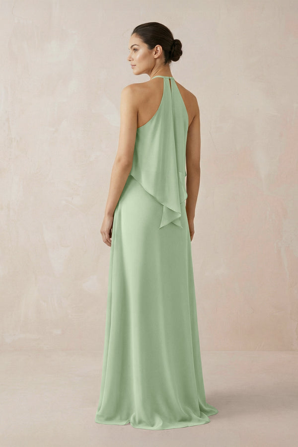 Halter Sheath Ruffled Chiffon Bridesmaid Dress in Sage - KissProm Bridesmaid Dresses