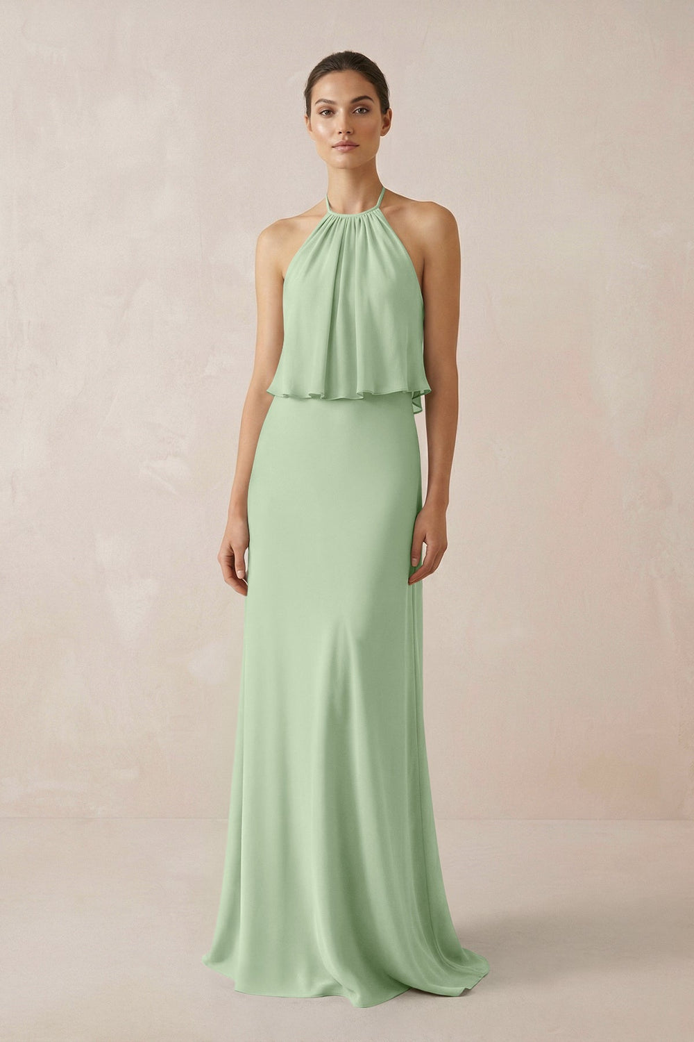 Halter Sheath Ruffled Chiffon Bridesmaid Dress in Sage - KissProm Bridesmaid Dresses