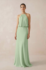 Halter Sheath Ruffled Chiffon Bridesmaid Dress in Sage - KissProm Bridesmaid Dresses