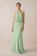 Halter Sheath Ruffled Chiffon Bridesmaid Dress in Sage - KissProm Bridesmaid Dresses