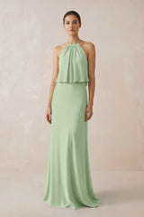 Halter Sheath Ruffled Chiffon Bridesmaid Dress in Sage - KissProm Bridesmaid Dresses