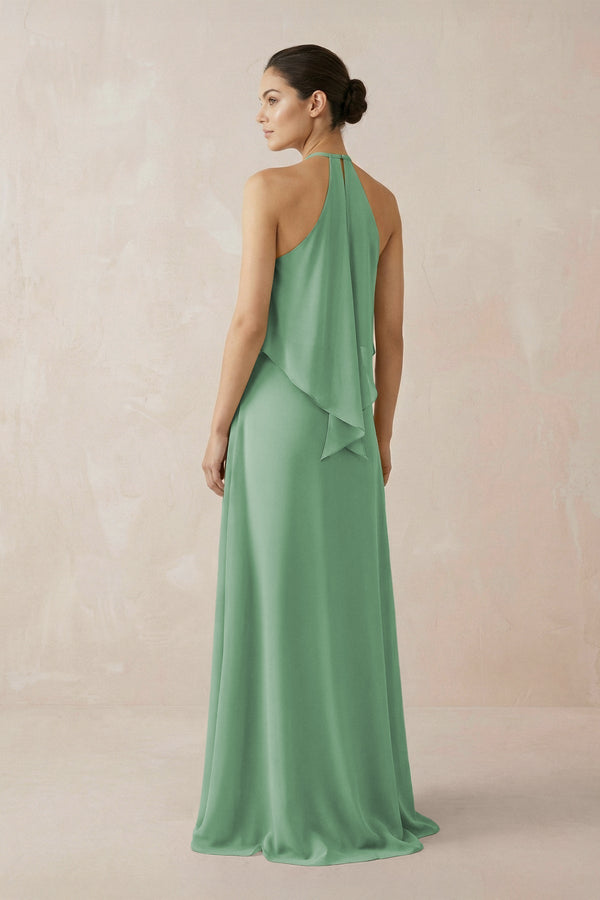 Halter Sheath Ruffled Chiffon Bridesmaid Dress in Sea Glass - KissProm Bridesmaid Dresses
