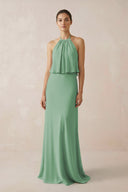 Halter Sheath Ruffled Chiffon Bridesmaid Dress in Sea Glass - KissProm Bridesmaid Dresses