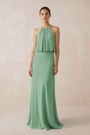 Halter Sheath Ruffled Chiffon Bridesmaid Dress in Sea Glass - KissProm Bridesmaid Dresses