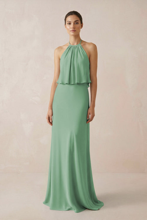 Halter Sheath Ruffled Chiffon Bridesmaid Dress in Sea Glass - KissProm Bridesmaid Dresses
