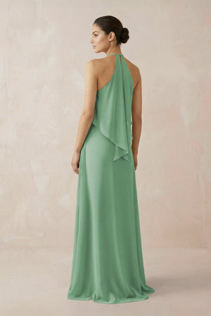 Halter Sheath Ruffled Chiffon Bridesmaid Dress in Sea Glass - KissProm Bridesmaid Dresses