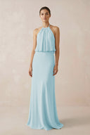Halter Sheath Ruffled Chiffon Bridesmaid Dress in Sky Blue - KissProm Bridesmaid Dresses