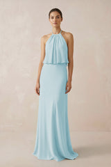 Halter Sheath Ruffled Chiffon Bridesmaid Dress in Sky Blue - KissProm Bridesmaid Dresses