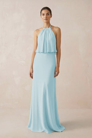 Halter Sheath Ruffled Chiffon Bridesmaid Dress in Sky Blue - KissProm Bridesmaid Dresses
