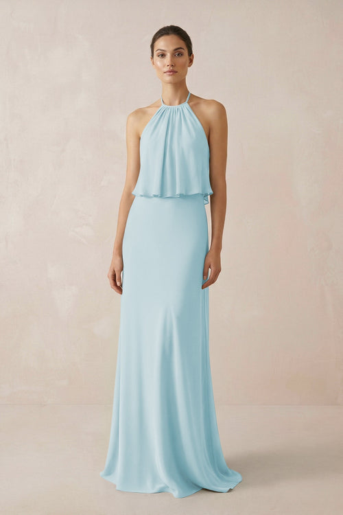 Halter Sheath Ruffled Chiffon Bridesmaid Dress in Sky Blue - KissProm Bridesmaid Dresses
