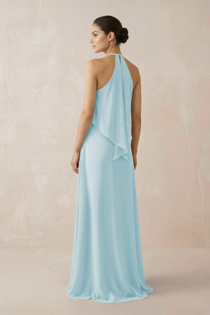 Halter Sheath Ruffled Chiffon Bridesmaid Dress in Sky Blue - KissProm Bridesmaid Dresses
