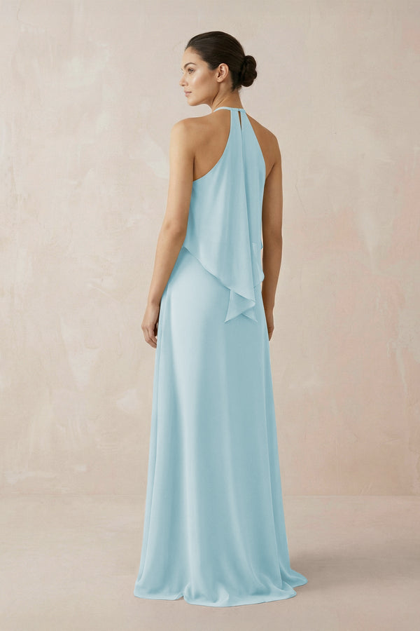Halter Sheath Ruffled Chiffon Bridesmaid Dress in Sky Blue - KissProm Bridesmaid Dresses