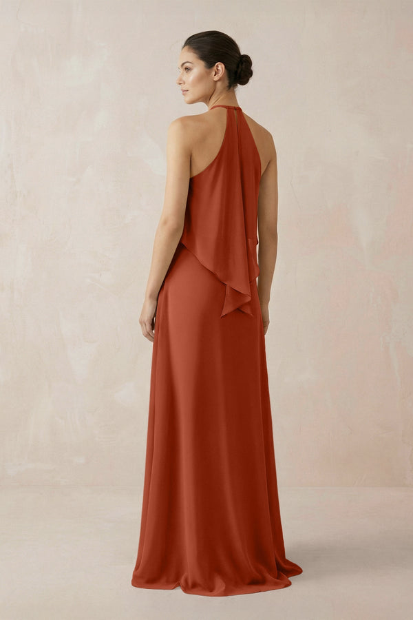 Halter Sheath Ruffled Chiffon Bridesmaid Dress in Spice - KissProm Bridesmaid Dresses