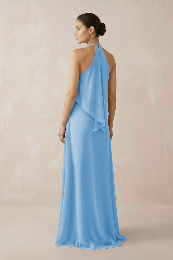 Halter Sheath Ruffled Chiffon Bridesmaid Dress in Steel Blue - KissProm Bridesmaid Dresses