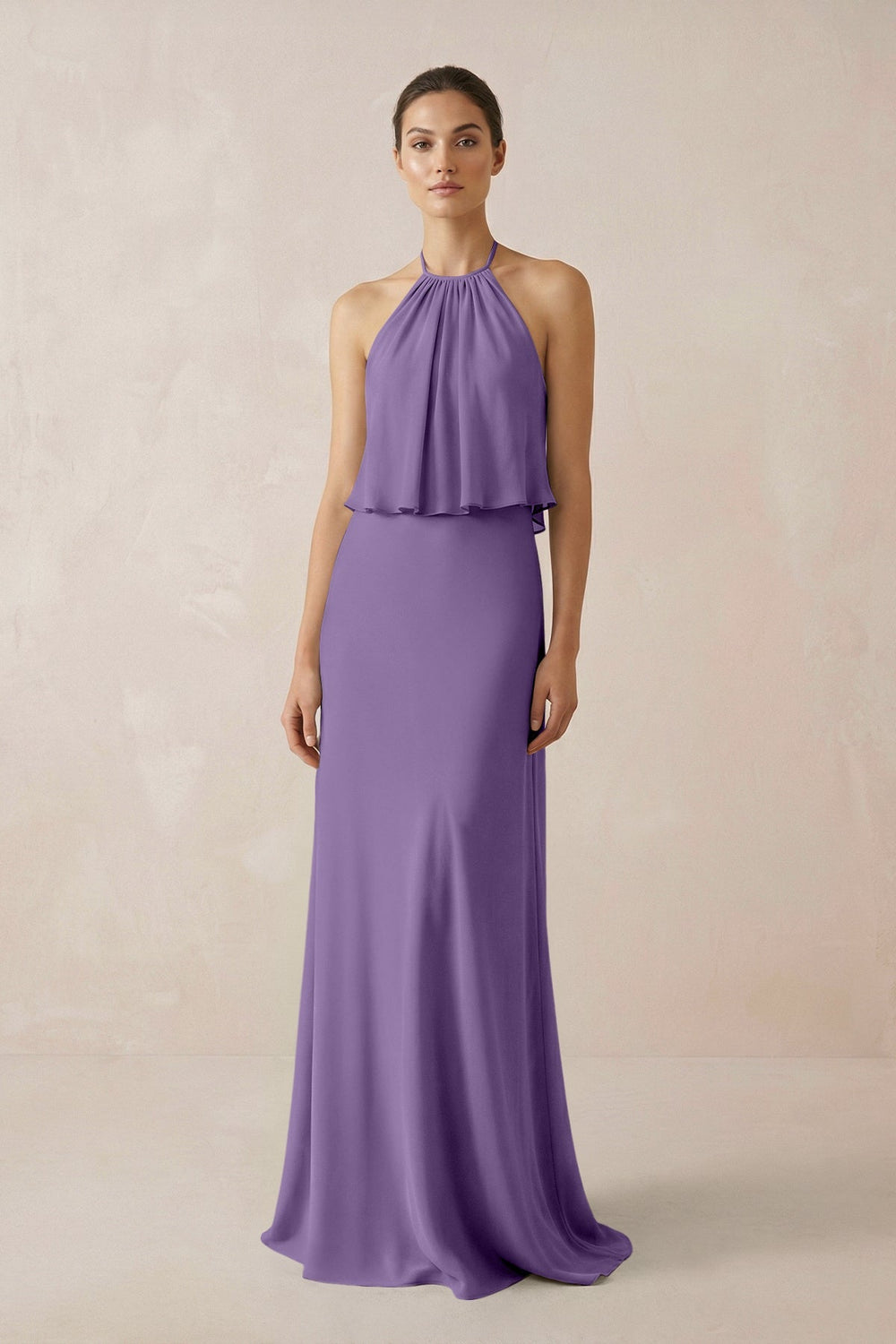 Halter Sheath Ruffled Chiffon Bridesmaid Dress in Tahiti - KissProm Bridesmaid Dresses