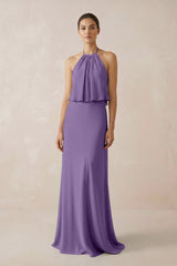 Halter Sheath Ruffled Chiffon Bridesmaid Dress in Tahiti - KissProm Bridesmaid Dresses