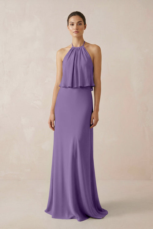 Halter Sheath Ruffled Chiffon Bridesmaid Dress in Tahiti - KissProm Bridesmaid Dresses