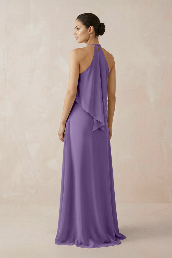 Halter Sheath Ruffled Chiffon Bridesmaid Dress in Tahiti - KissProm Bridesmaid Dresses