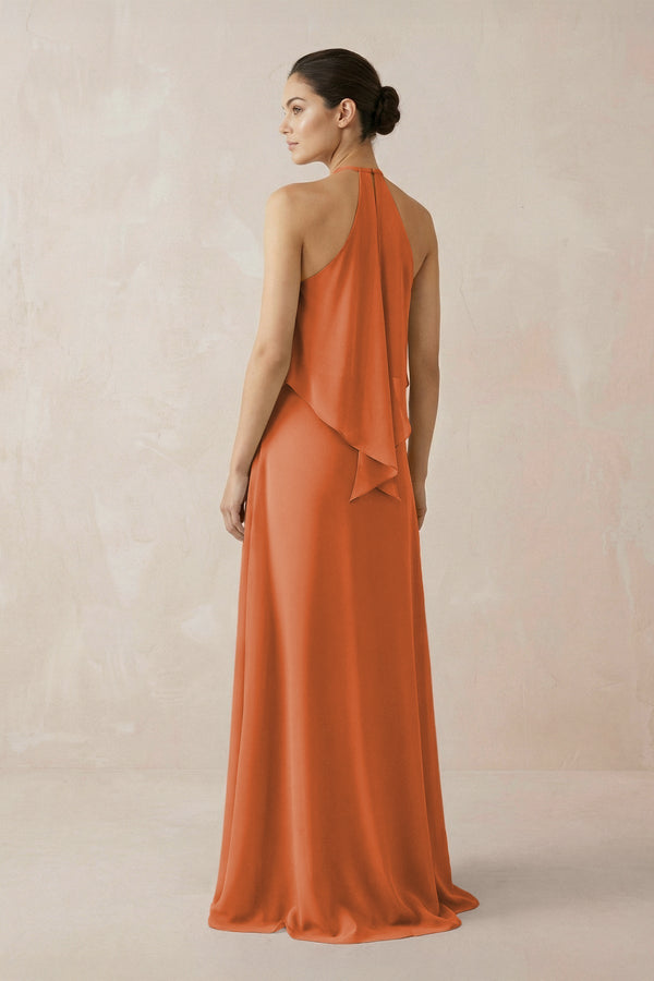 Halter Sheath Ruffled Chiffon Bridesmaid Dress in Terracotta - KissProm Bridesmaid Dresses