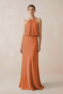Halter Sheath Ruffled Chiffon Bridesmaid Dress in Terracotta - KissProm Bridesmaid Dresses