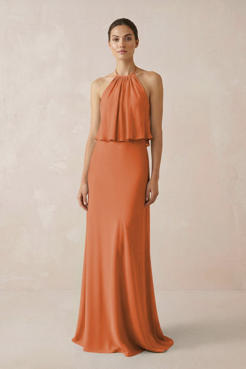 Halter Sheath Ruffled Chiffon Bridesmaid Dress in Terracotta - KissProm Bridesmaid Dresses