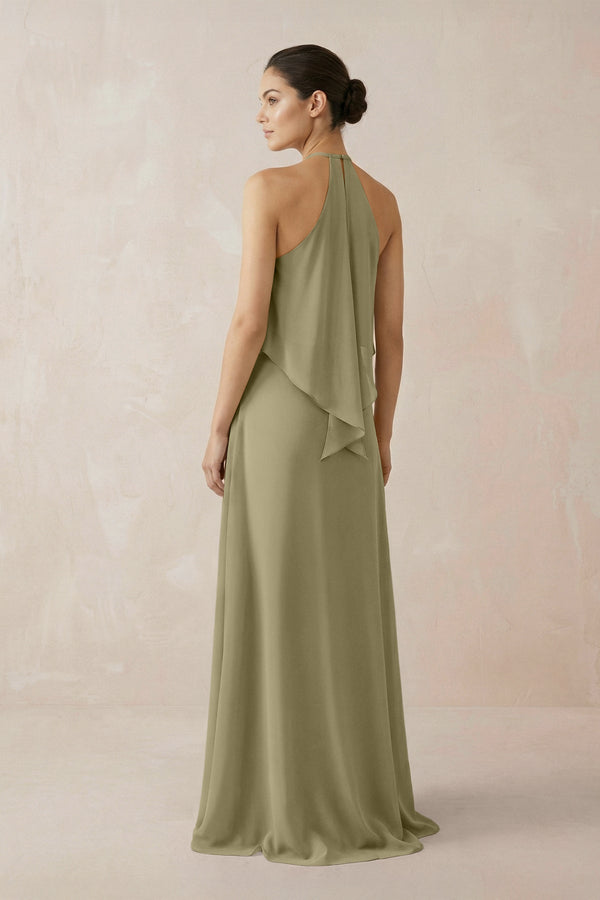 Halter Sheath Ruffled Chiffon Bridesmaid Dress in Thyme - KissProm Bridesmaid Dresses