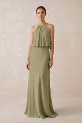 Halter Sheath Ruffled Chiffon Bridesmaid Dress in Thyme - KissProm Bridesmaid Dresses