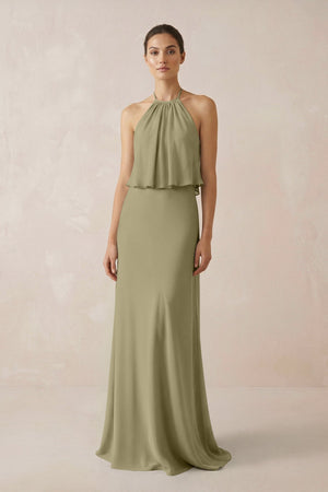 Halter Sheath Ruffled Chiffon Bridesmaid Dress in Thyme - KissProm Bridesmaid Dresses