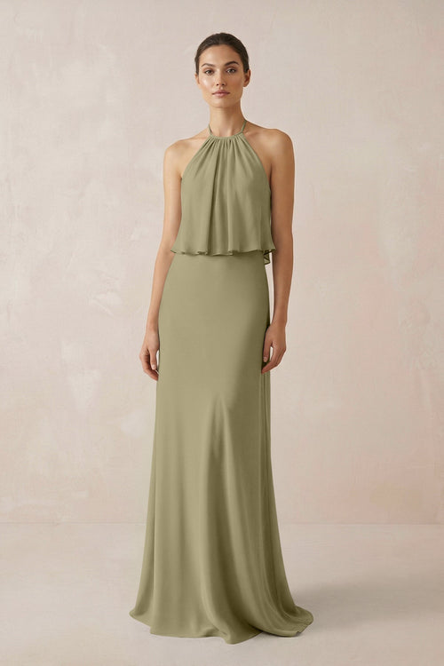 Halter Sheath Ruffled Chiffon Bridesmaid Dress in Thyme - KissProm Bridesmaid Dresses