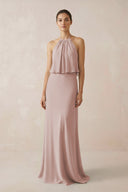 Halter Sheath Ruffled Chiffon Bridesmaid Dress in Toffee - KissProm Bridesmaid Dresses