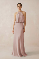 Halter Sheath Ruffled Chiffon Bridesmaid Dress in Toffee - KissProm Bridesmaid Dresses