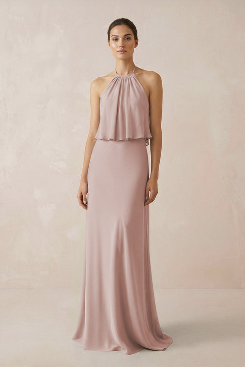 Halter Sheath Ruffled Chiffon Bridesmaid Dress in Toffee - KissProm Bridesmaid Dresses
