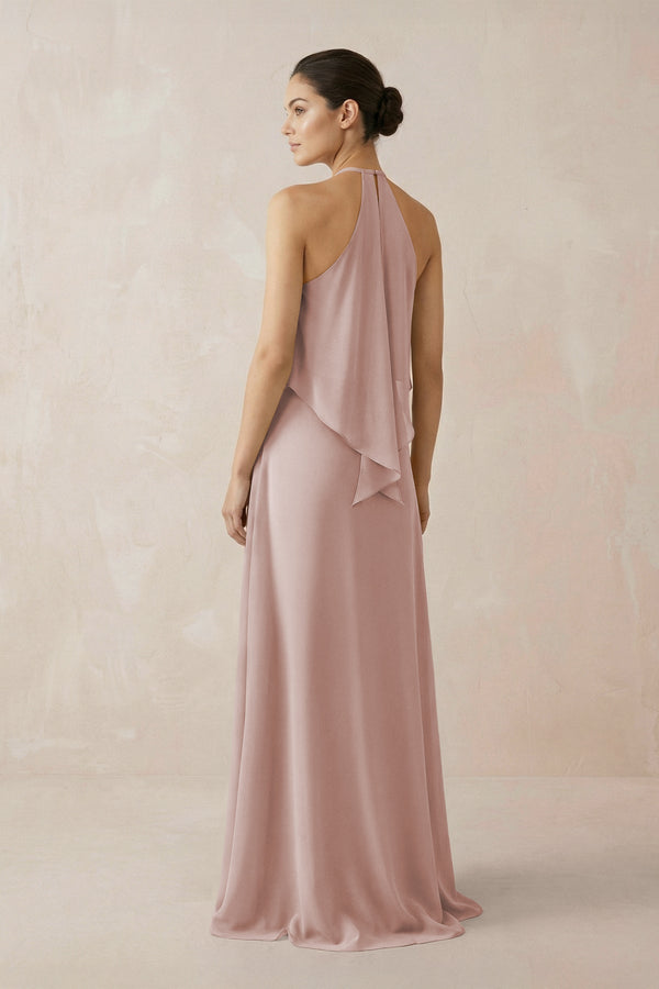 Halter Sheath Ruffled Chiffon Bridesmaid Dress in Toffee - KissProm Bridesmaid Dresses