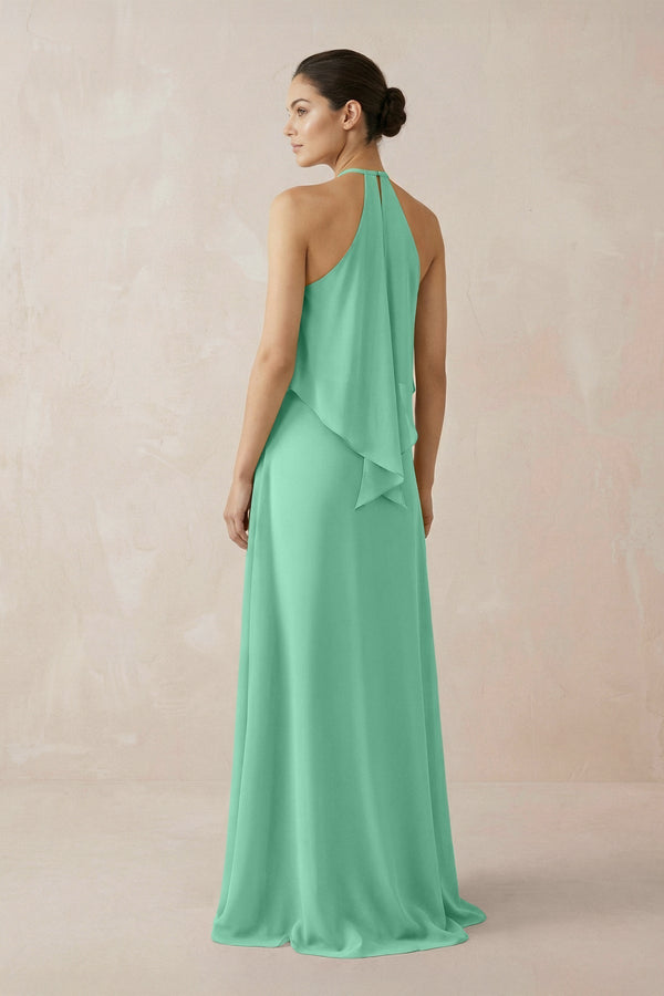 Halter Sheath Ruffled Chiffon Bridesmaid Dress in Turquoise - KissProm Bridesmaid Dresses