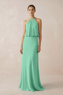 Halter Sheath Ruffled Chiffon Bridesmaid Dress in Turquoise - KissProm Bridesmaid Dresses