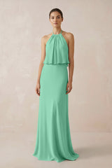 Halter Sheath Ruffled Chiffon Bridesmaid Dress in Turquoise - KissProm Bridesmaid Dresses