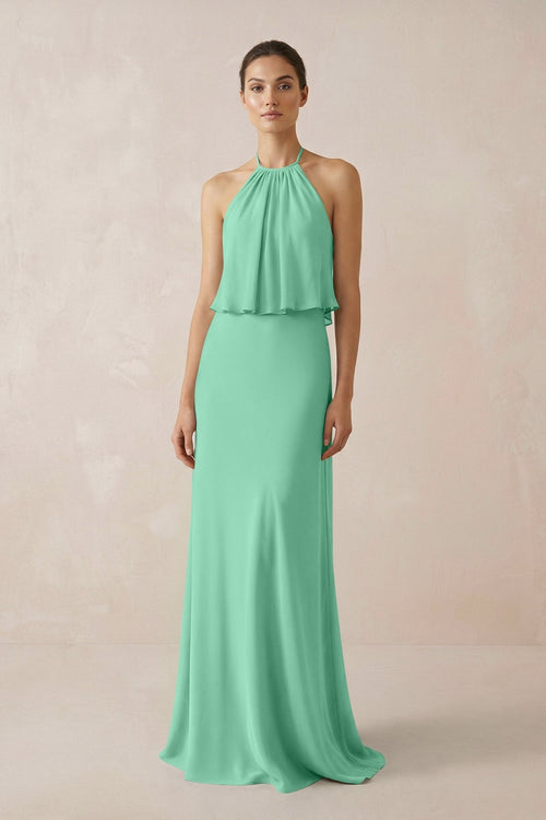 Halter Sheath Ruffled Chiffon Bridesmaid Dress in Turquoise - KissProm Bridesmaid Dresses