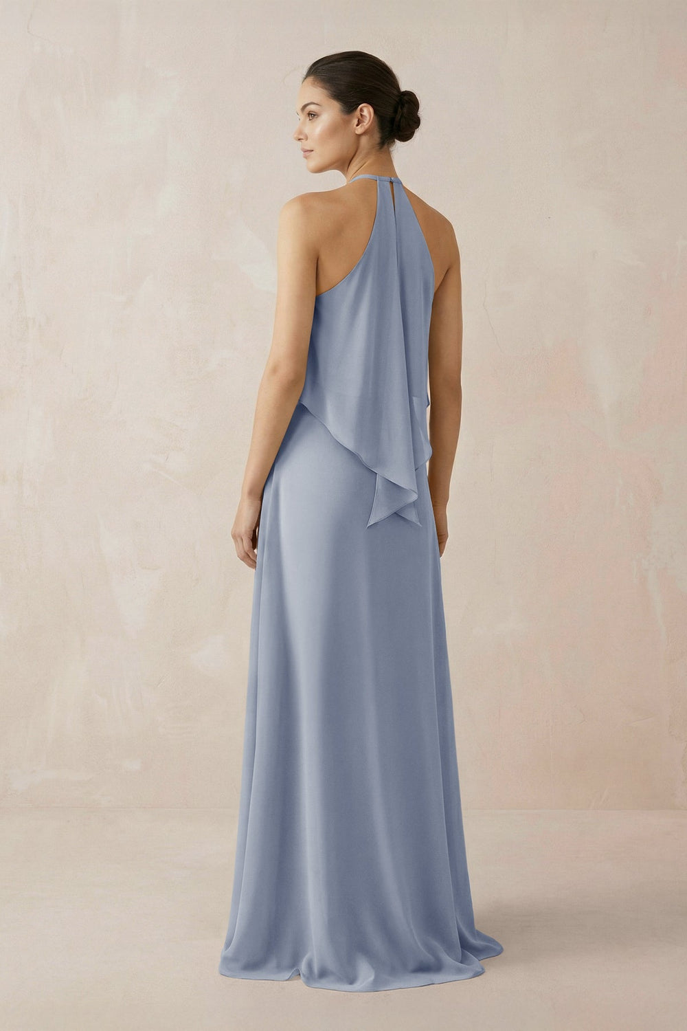Halter Sheath Ruffled Chiffon Bridesmaid Dress in Twilight - KissProm Bridesmaid Dresses